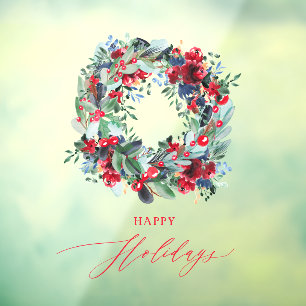 Rustic floral red Christmas wreath happy Holidays Window Cling