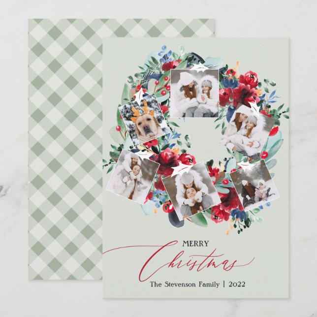 Rustic floral red green 6 photos Christmas wreath Holiday Card (Front/Back)