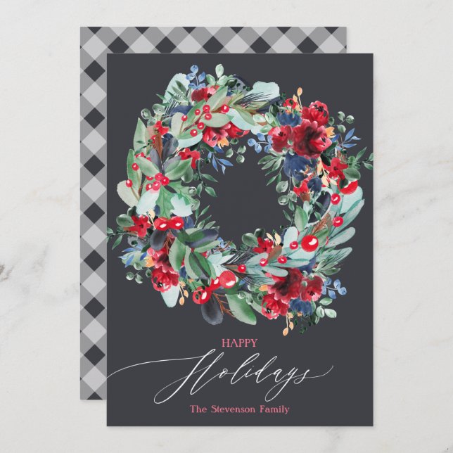 Rustic floral red grey Christmas wreath happy Holiday Card (Front/Back)