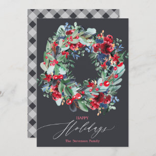 Rustic floral red grey Christmas wreath happy Holiday Card