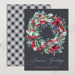 Rustic floral red grey Christmas wreath Holiday Card