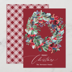 Rustic floral red navy blue Christmas wreath Holiday Card