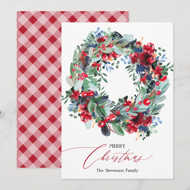 Rustic floral red navy blue Christmas wreath Holiday Card (Front/Back)