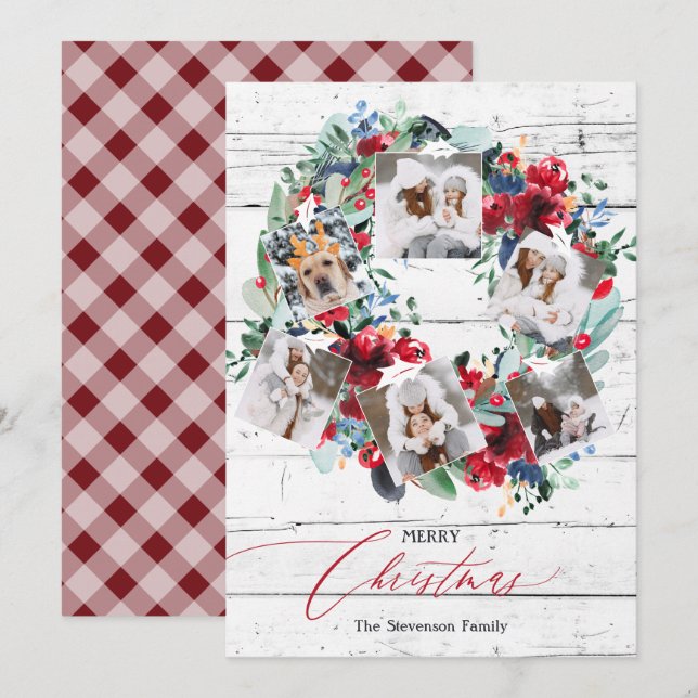 Rustic floral red wood 6 photos Christmas wreath Holiday Card (Front/Back)
