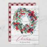 Rustic floral red wood Christmas wreath Holiday Card<br><div class="desc">Celebrate Christmas and the winter season season with this rustic painted red,  navy blue and green botanical wreath with flowers,  holy berries,  pine branches on rustic light grey beach wood with an editable red plaid flannel background.</div>