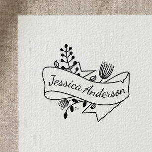 Rustic Floral Ribbon Badge Personalised Name Rubber Stamp