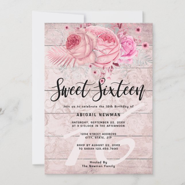 Rustic floral rose gold glitter sweet sixteen invitation (Front)