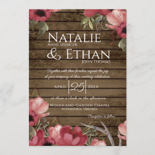 Rustic Floral Rose Wood Barn Wedding Invitation