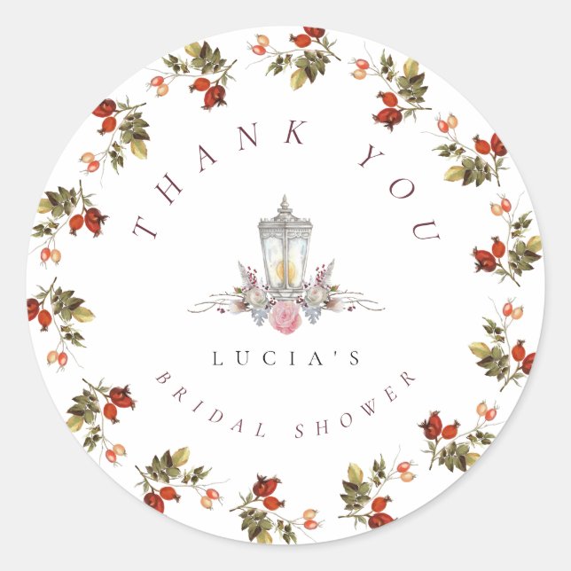 Rustic Floral Roses Bridal Shower Thank You Classic Round Sticker (Front)