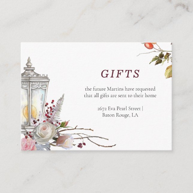 Rustic Floral Roses & Lantern Winter Bridal Shower Enclosure Card (Front)