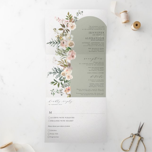 Rustic Floral Sage All in One Wedding Tri-Fold Invitation (Inside)
