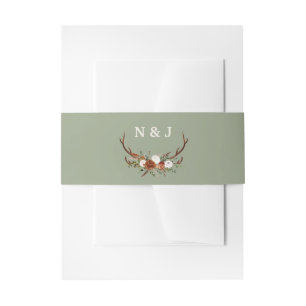Rustic floral sage green antlers initials wedding invitation belly band