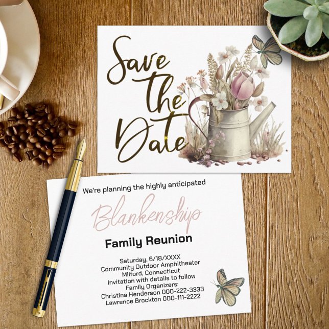 Rustic Floral Save The Date Family Reunion   Announcement Postcard (Make this quaint watering can save the date for your family reunion announcement and invitation. )