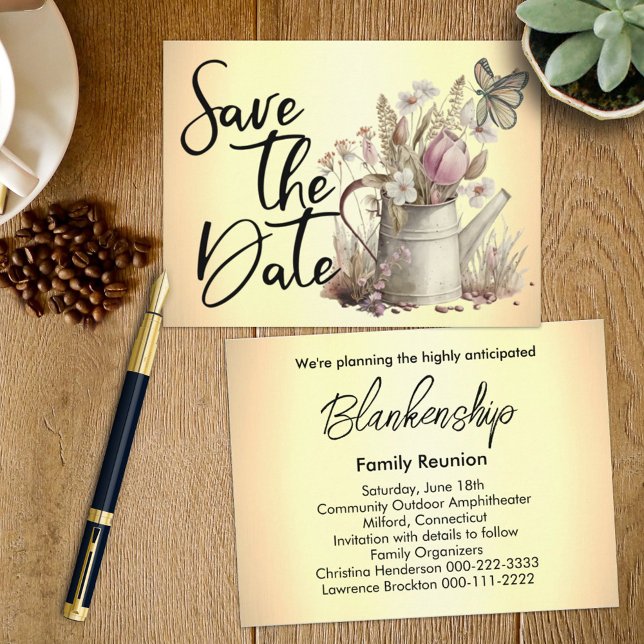Rustic Floral Save The Date Family Reunion   Announcement Postcard (Send out the announcement family reunion save the date  on this quaint watering can postcard.)