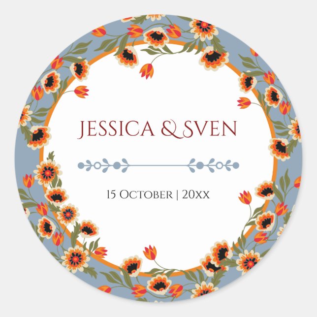 Rustic Floral Scandinavian Folk-Inspired Wedding Classic Round Sticker (Front)