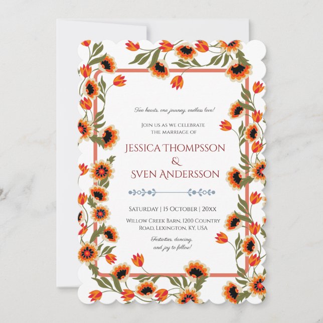 Rustic Floral Scandinavian Folk-Inspired Wedding Invitation (Front)