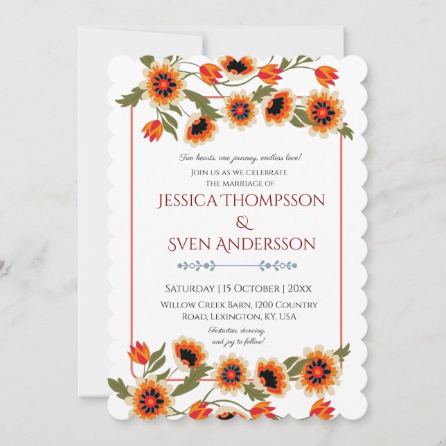Rustic Floral Scandinavian Folk-Inspired Wedding Invitation (Front)