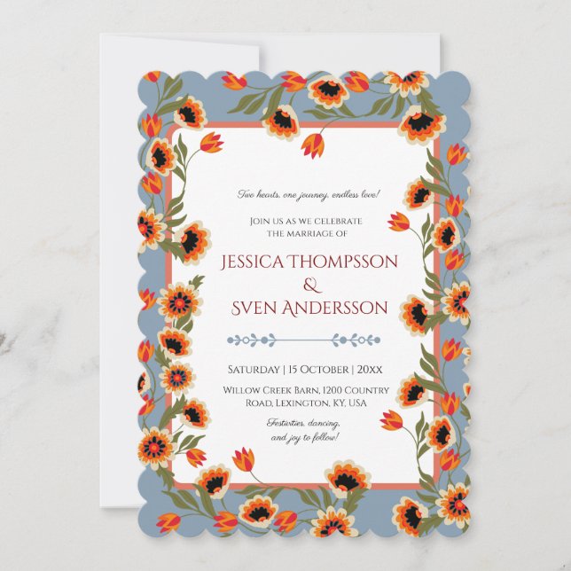 Rustic Floral Scandinavian Folk-Inspired Wedding Invitation (Front)