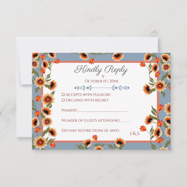 Rustic Floral Scandinavian Folk-Inspired Wedding RSVP Card (Front)