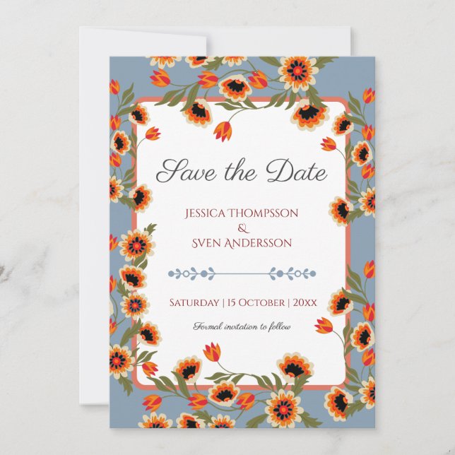 Rustic Floral Scandinavian Folk-Inspired Wedding Save The Date (Front)
