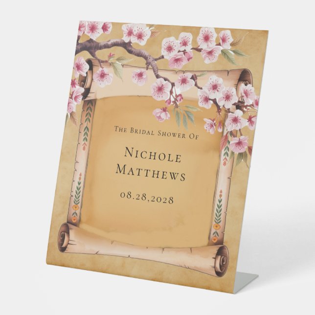 Rustic Floral Scroll Cherry Blossom Bridal Shower Pedestal Sign (Front)