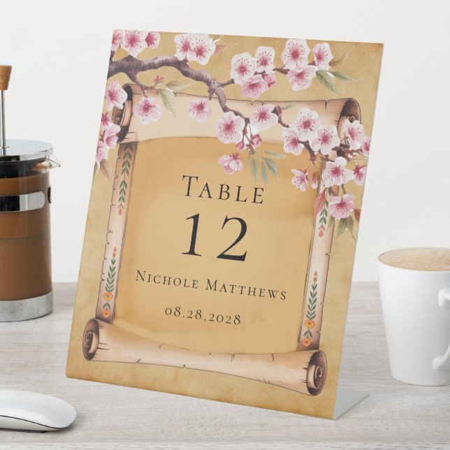 Rustic Floral Scroll Cherry Blossom Bridal Shower Pedestal Sign (In SItu)