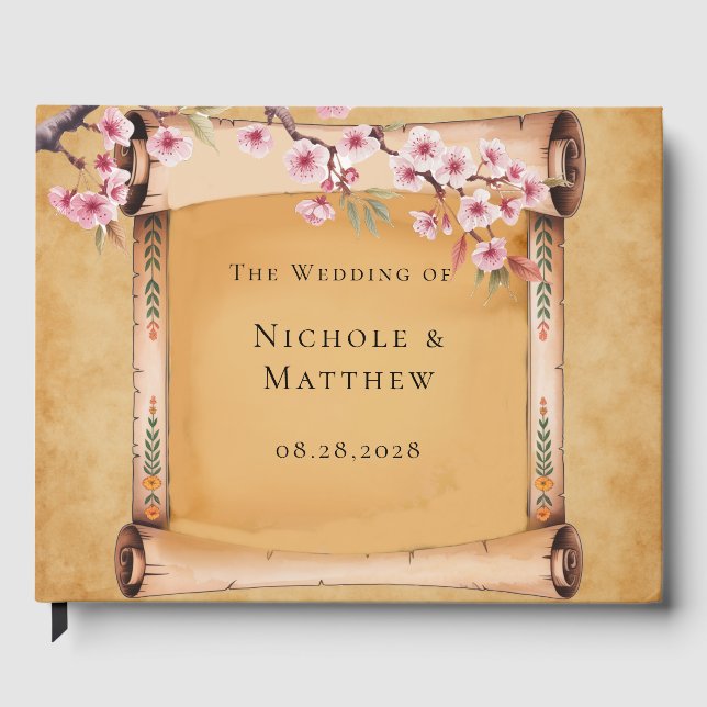 Rustic Floral Scroll Cherry Blossom Wedding Guest Book (Front)