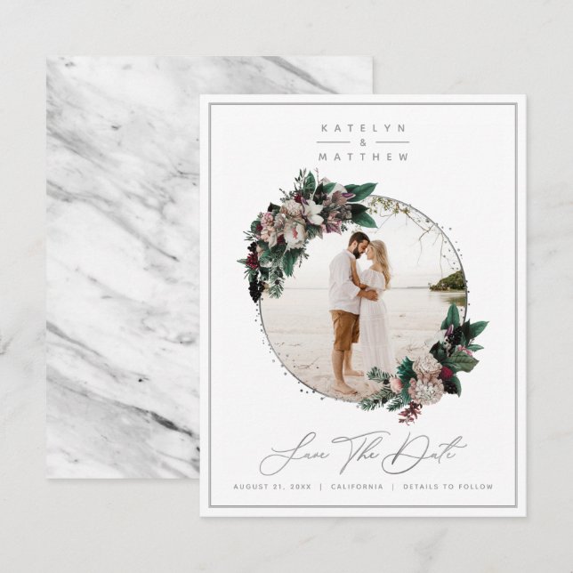 Rustic Floral Silver Framed Photo & Calligraphy Save The Date (Front/Back)