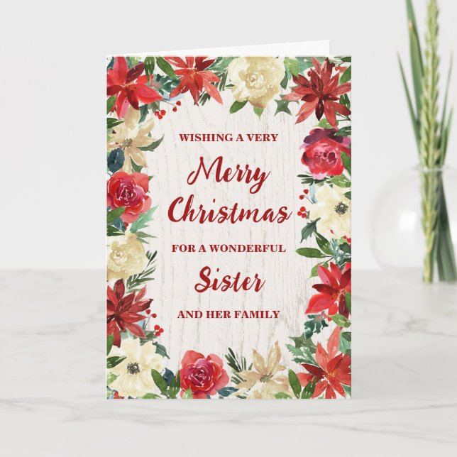 Rustic Floral Sister & Family Merry Christmas Card (Front)