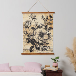 Rustic Floral Sketch with Calligraphy - Aged (10) Hanging Tapestry