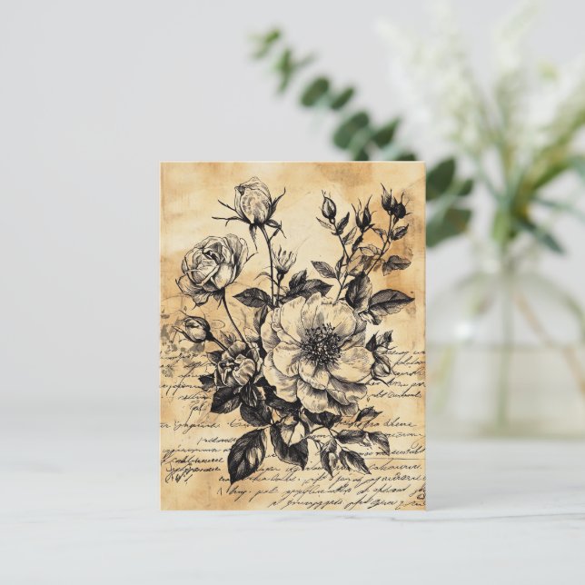 Rustic Floral Sketch with Calligraphy - Aged (10) Postcard (Standing Front)