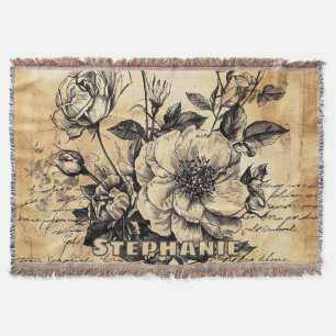 Rustic Floral Sketch with Calligraphy - Aged (10) Throw Blanket