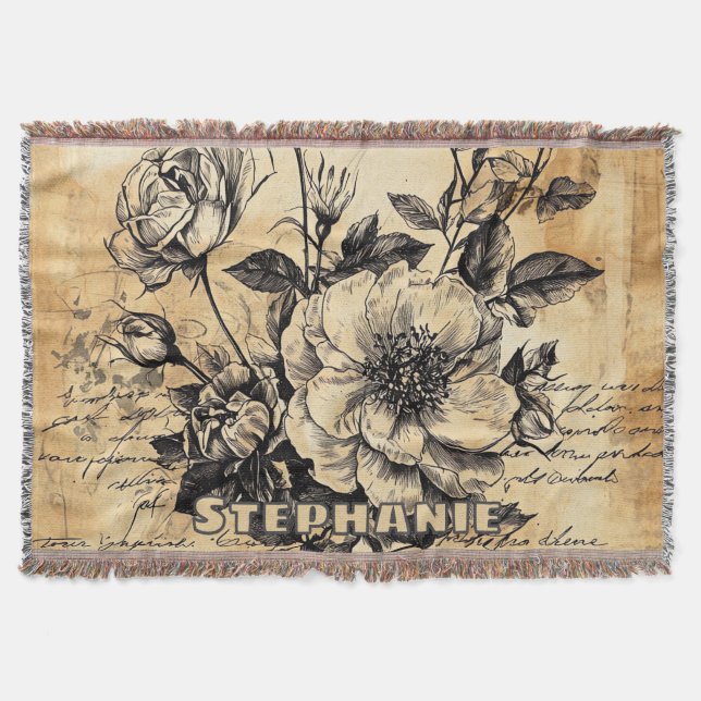 Rustic Floral Sketch with Calligraphy - Aged (10) Throw Blanket (Front)