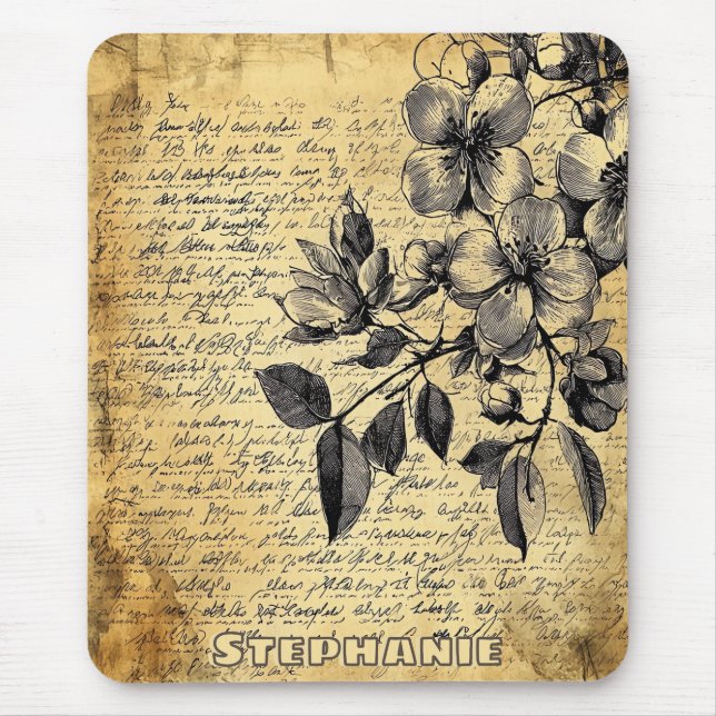 Rustic Floral Sketch with Calligraphy - Aged (1) Mouse Mat (Front)