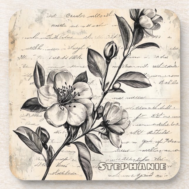 Rustic Floral Sketch with Calligraphy - Aged (2) Coaster (Front)