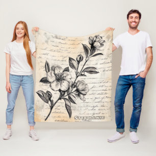 Rustic Floral Sketch with Calligraphy - Aged (2) Fleece Blanket