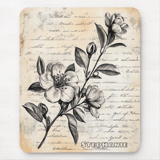 Rustic Floral Sketch with Calligraphy - Aged (2) Mouse Mat (Front)