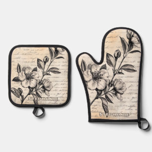 Rustic Floral Sketch with Calligraphy - Aged (2) Oven Mitt & Pot Holder Set