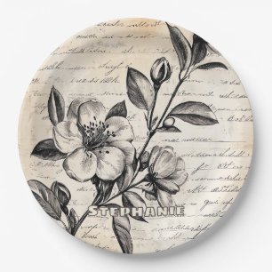 Rustic Floral Sketch with Calligraphy - Aged (2) Paper Plate