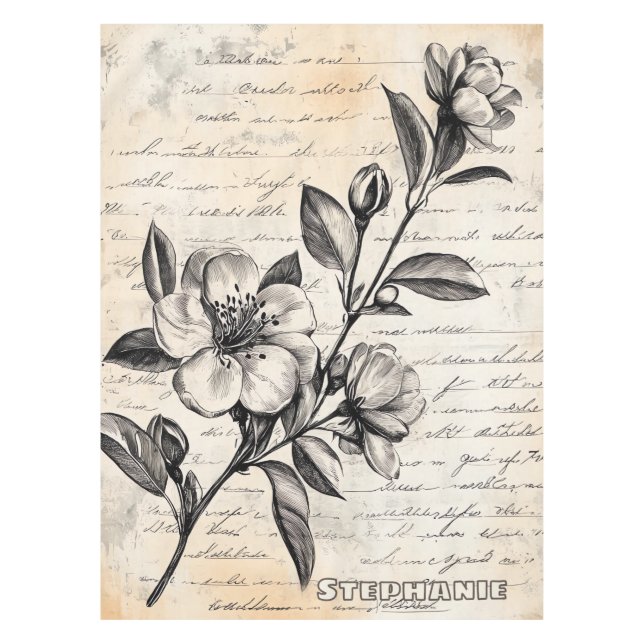Rustic Floral Sketch with Calligraphy - Aged (2) Tablecloth (Front)