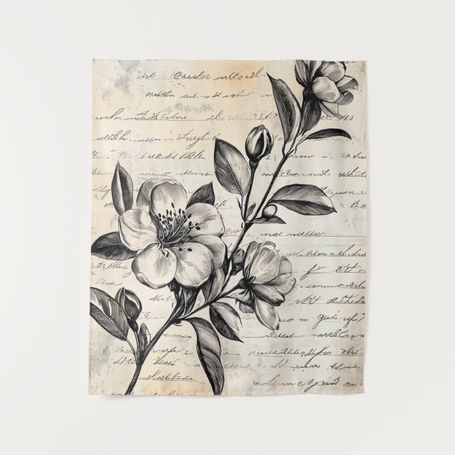 Rustic Floral Sketch with Calligraphy - Aged (2) Tapestry (Front)