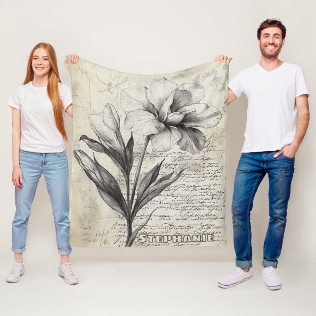 Rustic Floral Sketch with Calligraphy - Aged (3) Fleece Blanket (In Situ)