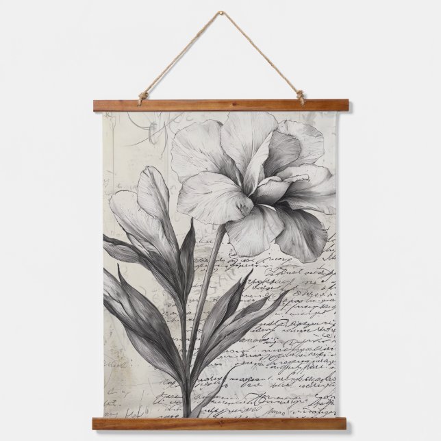 Rustic Floral Sketch with Calligraphy - Aged (3) Hanging Tapestry (Front)