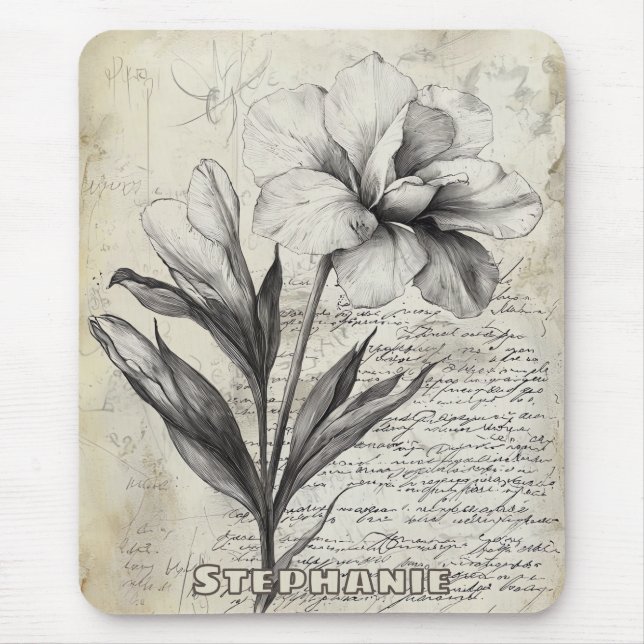 Rustic Floral Sketch with Calligraphy - Aged (3) Mouse Mat (Front)