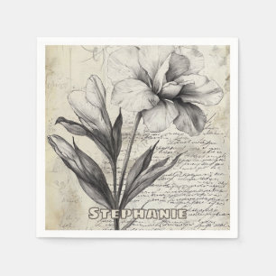 Rustic Floral Sketch with Calligraphy - Aged (3) Napkin