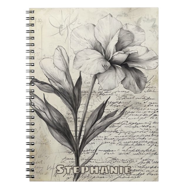 Rustic Floral Sketch with Calligraphy - Aged (3) Notebook (Front)