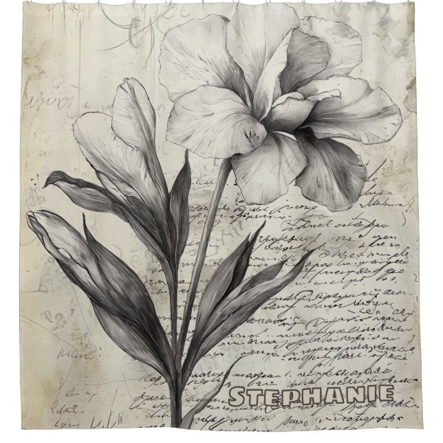 Rustic Floral Sketch with Calligraphy - Aged (3) Shower Curtain (Front)