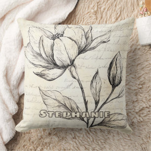 Rustic Floral Sketch with Calligraphy - Aged (4) Cushion