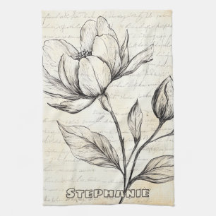 Rustic Floral Sketch with Calligraphy - Aged (4) Tea Towel