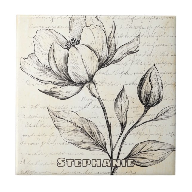 Rustic Floral Sketch with Calligraphy - Aged (4) Tile (Front)